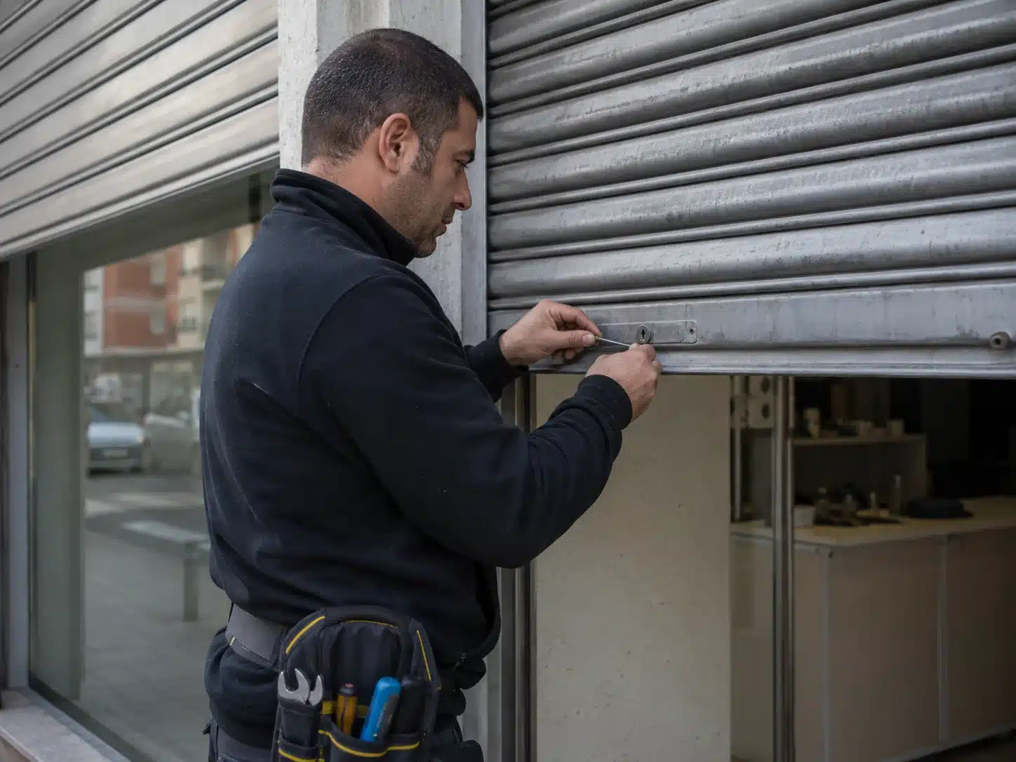 Cerrajero realizando la apertura de una persiana metálica comercial en Benidorm